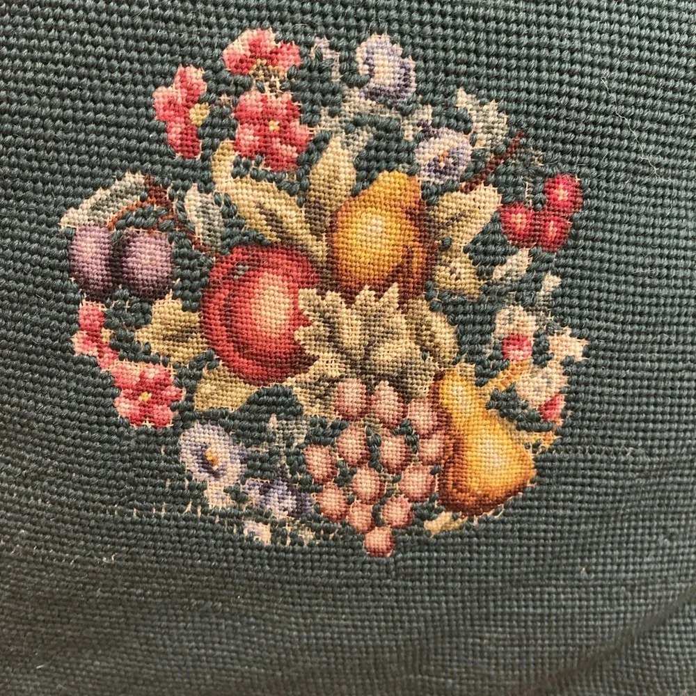 Handmade Needlepoint Square Pillow Fruit Green Background Velvet Zipper Back 14
